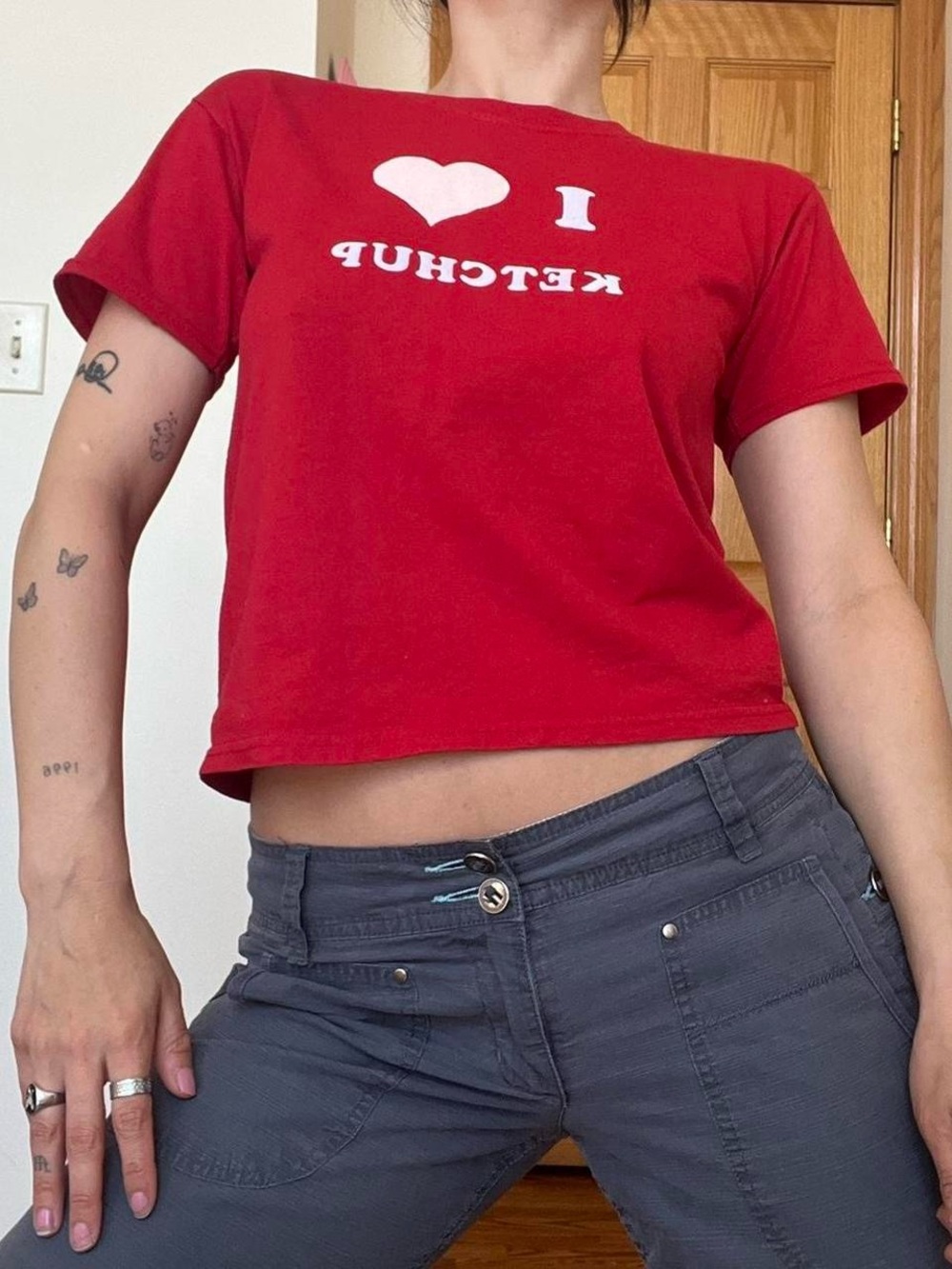 Red Graphic Baby Tee Shirt - I Love Ketchup